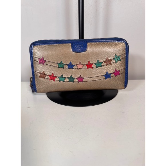 Fossil Handbags - Fossil Metallic Gold Leather Star Garland Zip Around Clutch Wallet Blue Trim